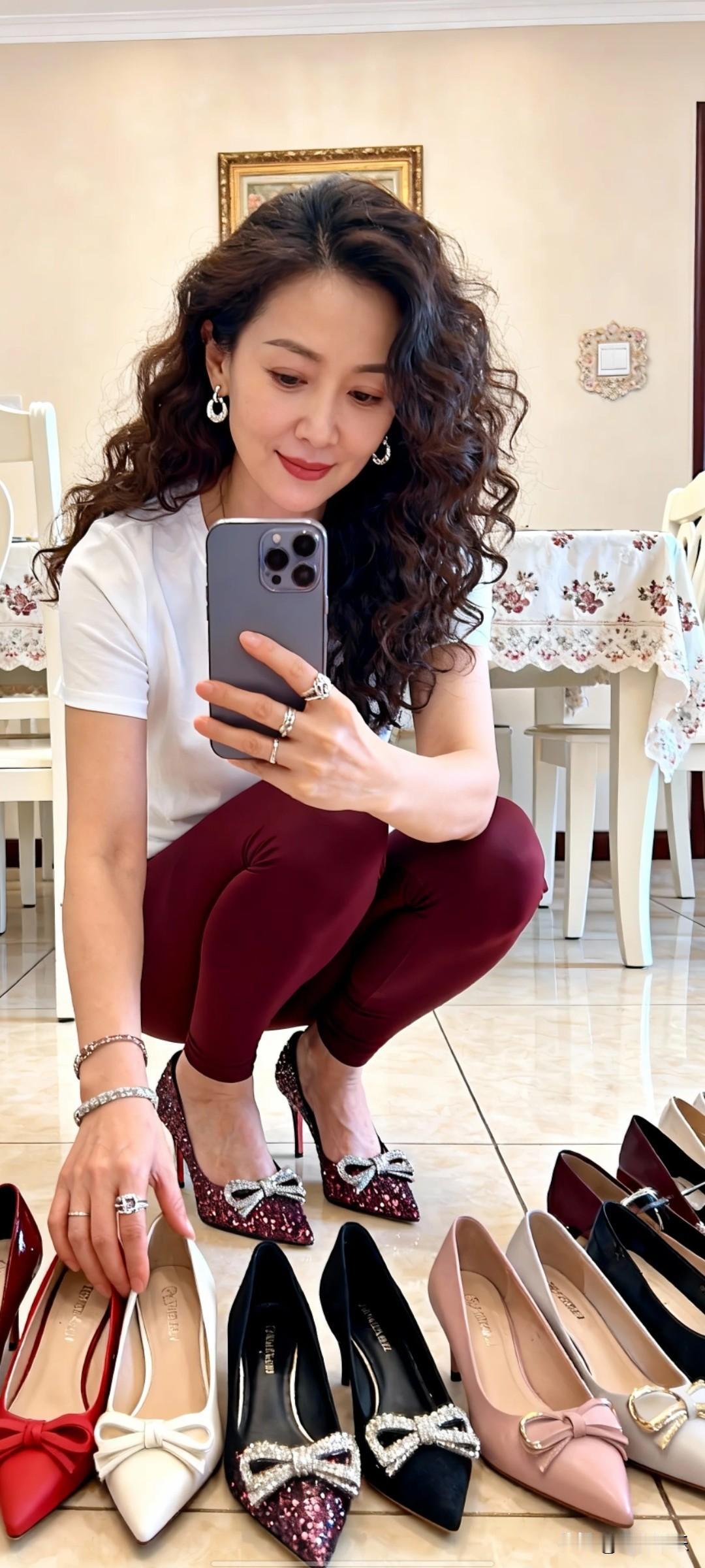 在房间里试鞋，拍自拍。