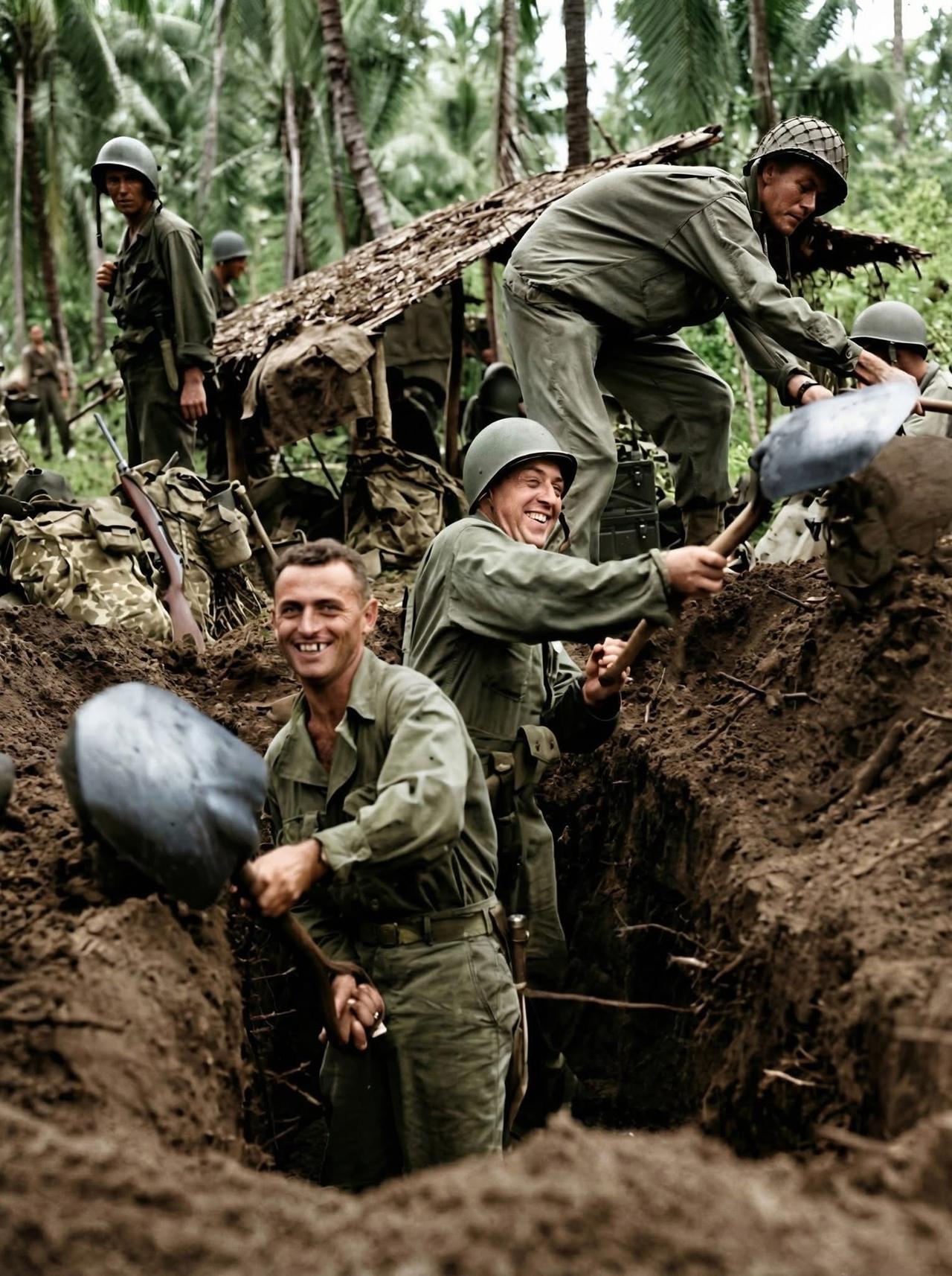 1944年，太平洋战场上的新几内亚，美军士兵正在挖掘战壕坑道，预备随时应对日寇的