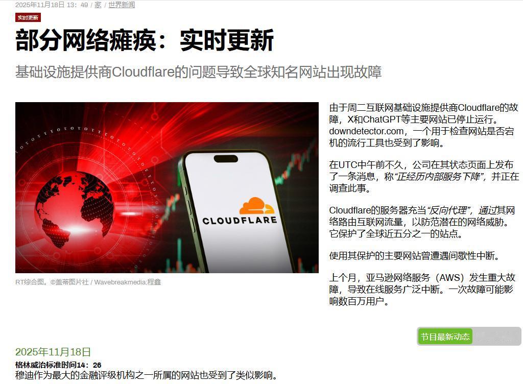 基础设施提供商Cloudflare的问题导致全球知名网站出现故障  
2025年