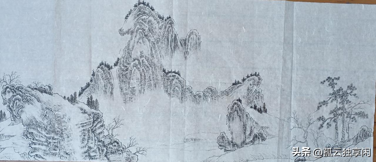 完成三尺国画作品《碧阁仙山图》的部分墨稿。