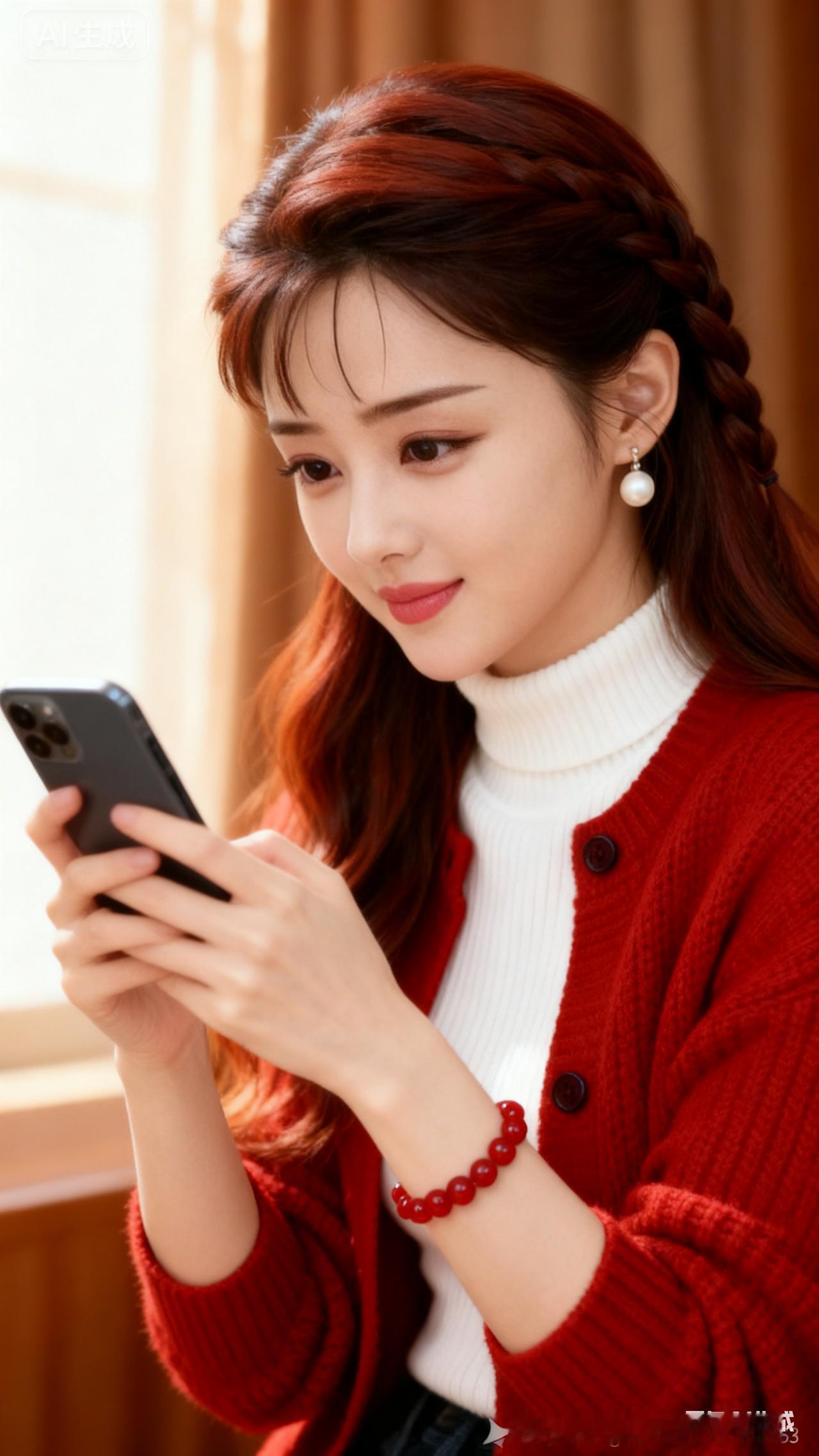 红衣美女鹅蛋脸，手持手机垂眸凝视屏幕，戴珍珠耳坠，体态娇俏，肤白嫩滑，妥妥美人。