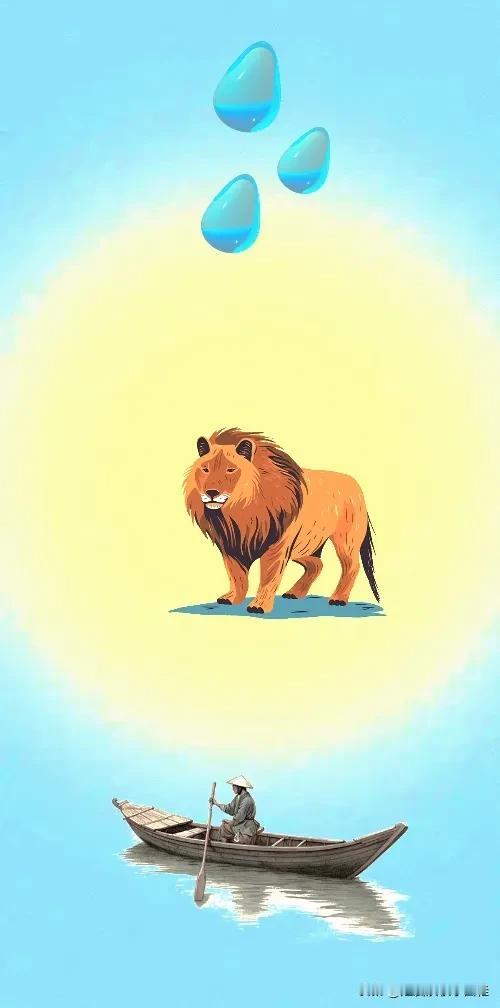 水滴💧 狮子🦁 船🚤，打一成语————
图中有三滴水滴，一头狮子🦁和一艘
