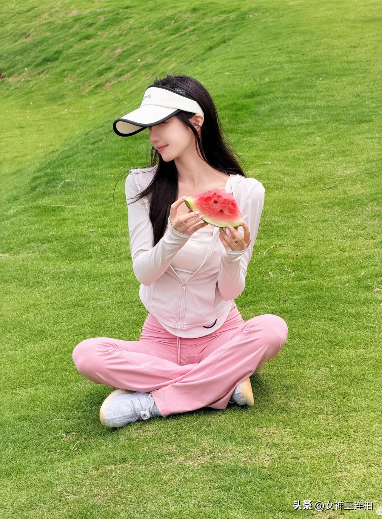 夏日清新穿搭，运动女孩享受西瓜时光🍉🌞