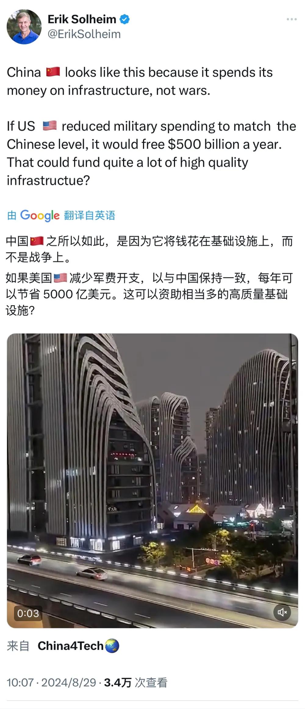 埃里克·索尔海姆今天写道：“中国🇨🇳之所以如此，是因为它将钱花在基础设施上，