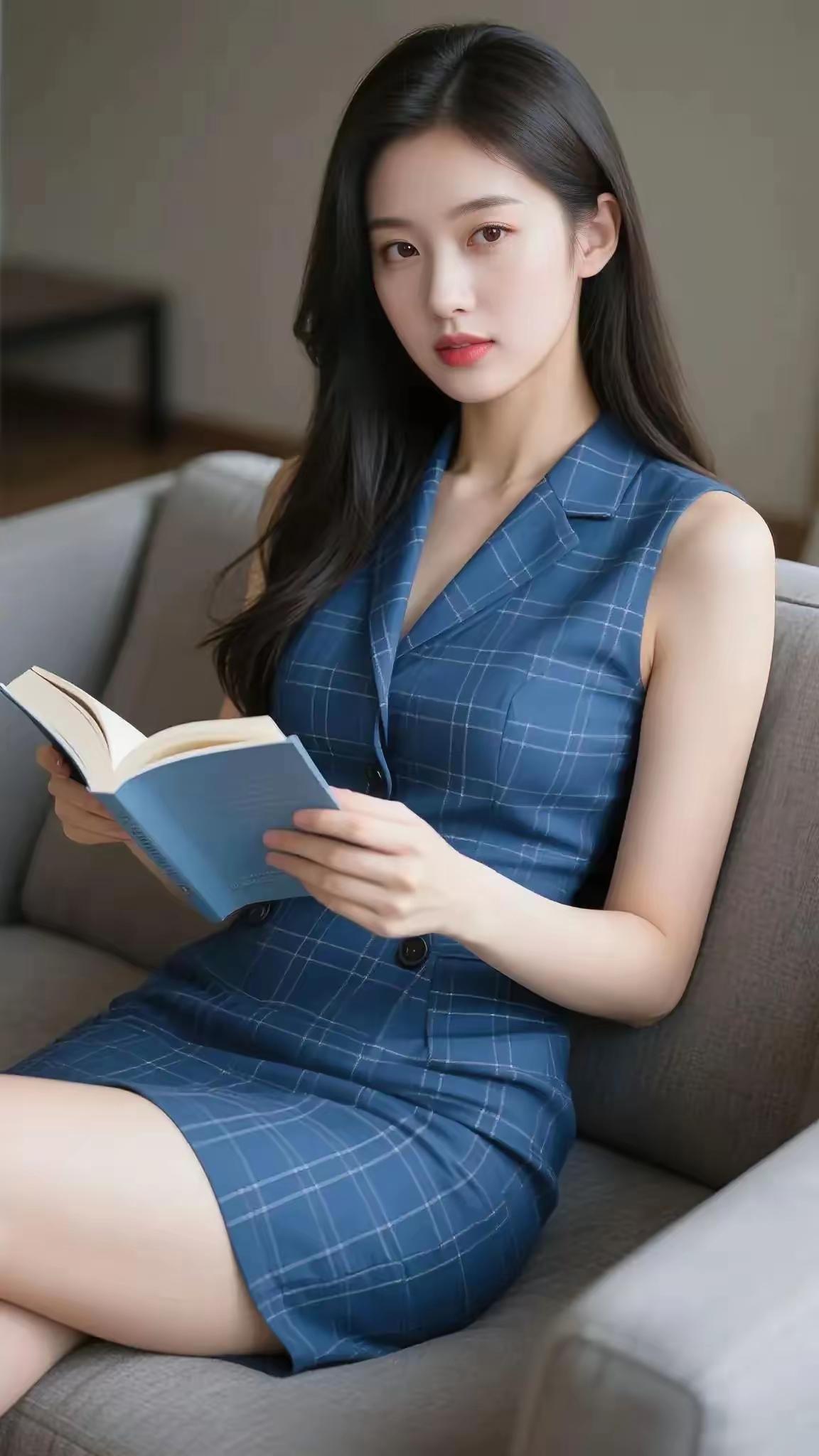 优雅阅读时光，蓝格子连衣裙搭配，静谧氛围，沉浸书海。