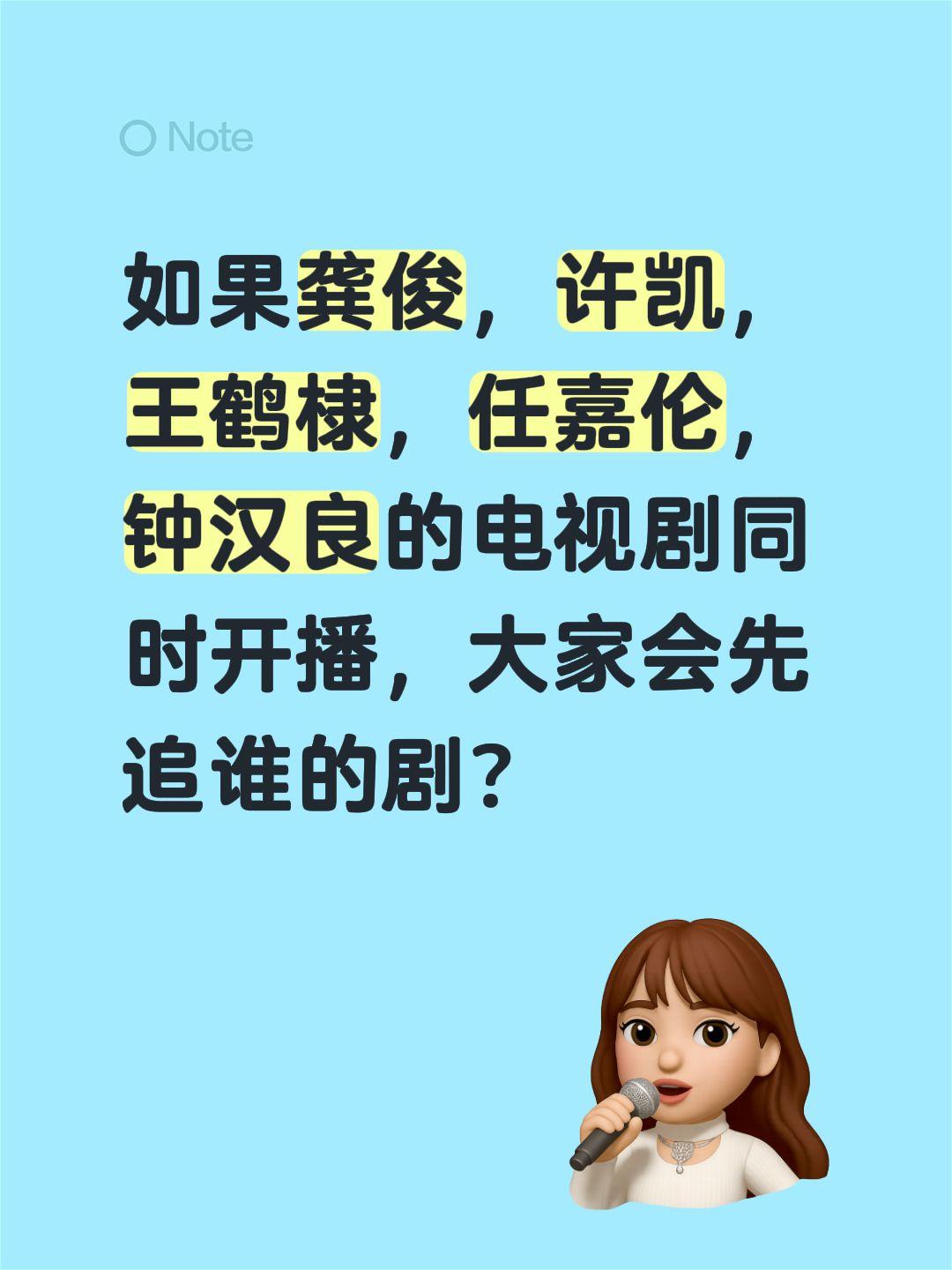 如果龚俊，许凯，王鹤棣，任嘉伦，钟汉良的电视剧同时开播，大家会先追谁的剧？龚俊 