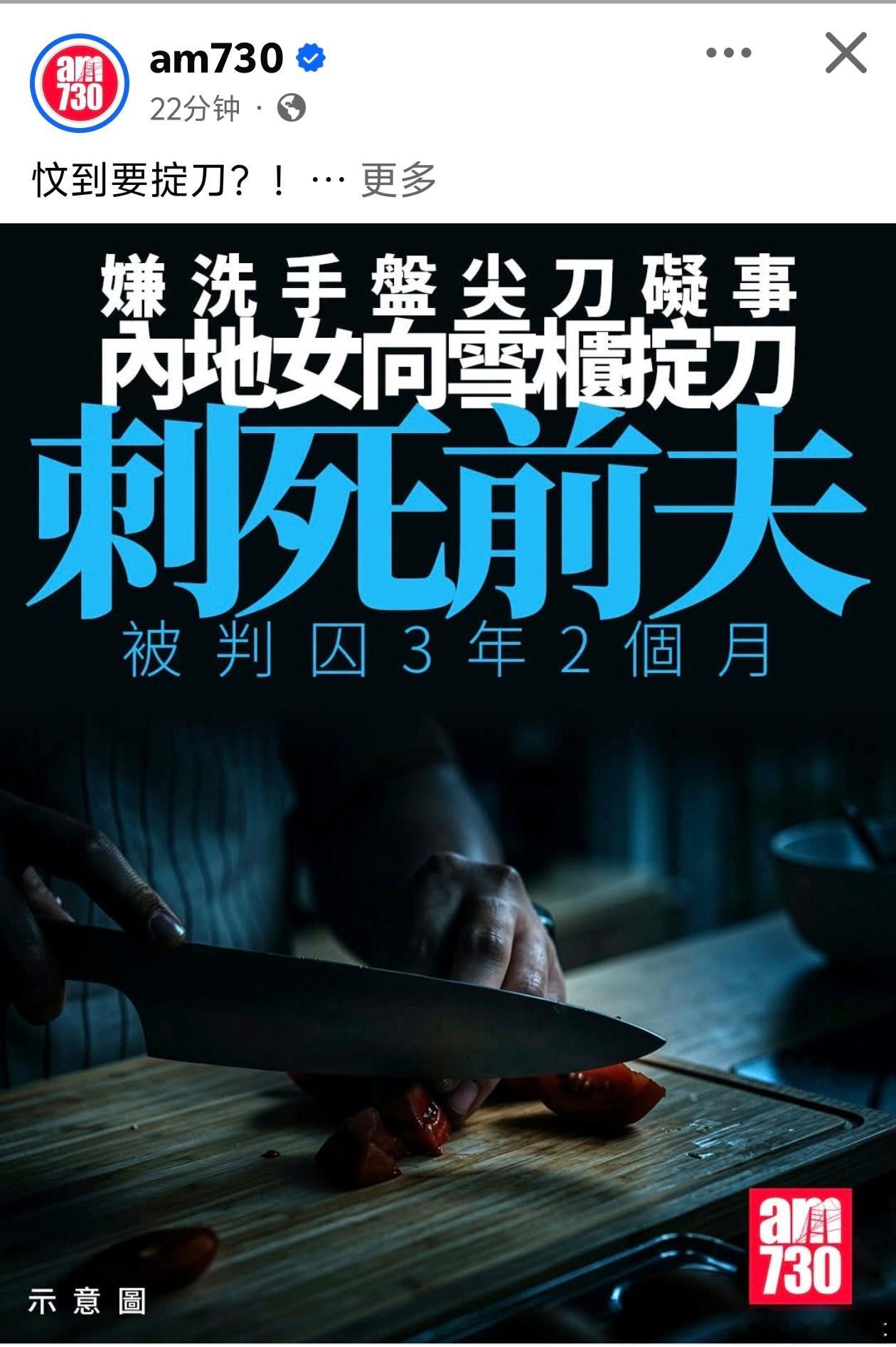 港媒：内地女向冰箱扔刀刺死前夫，被判3年2个月AM730报道，内地去年5月，内地