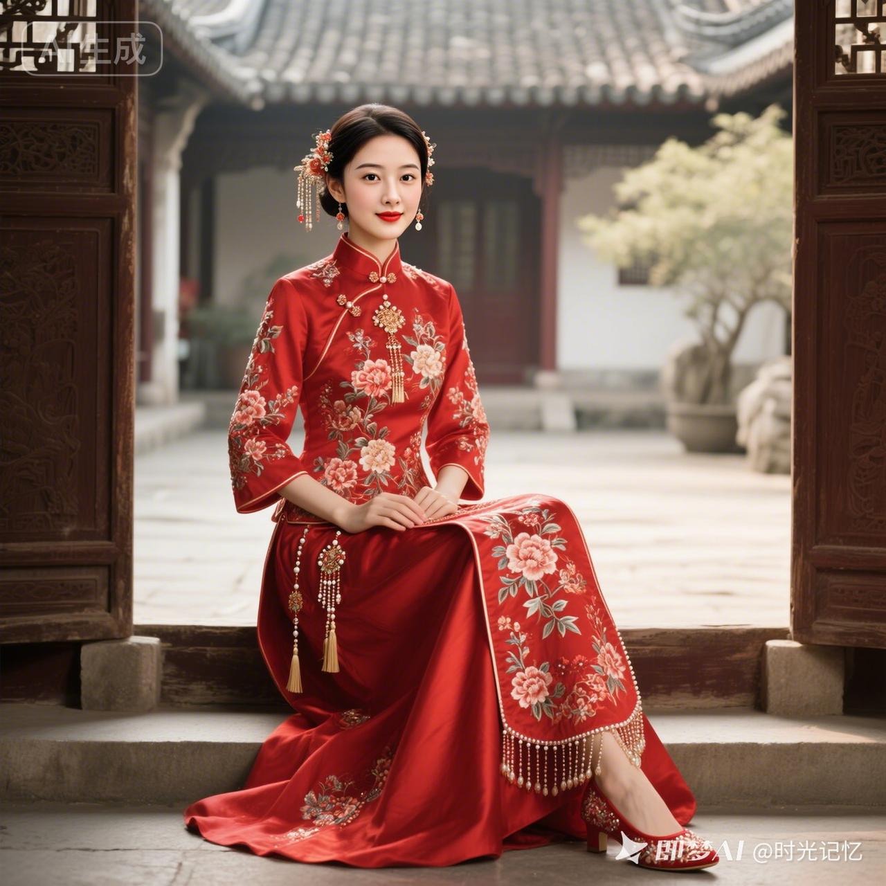 古典红衣美人，静坐古风庭院，韵味十足！