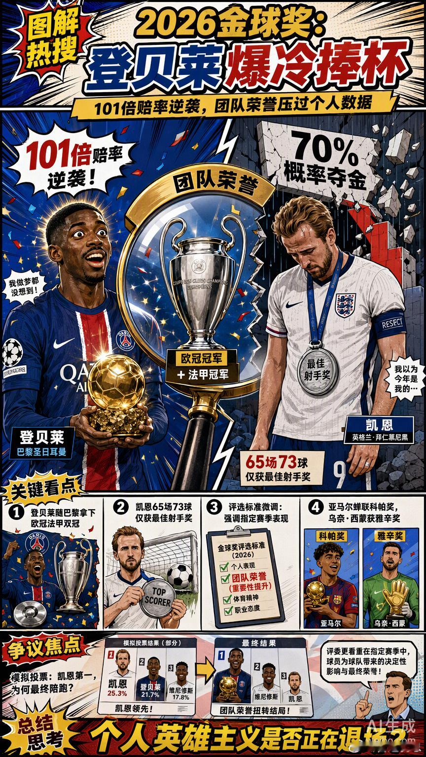 2026金球奖在伦敦揭晓，登贝莱爆冷捧杯。赛前赔率高达101倍的巴黎边锋，硬是从