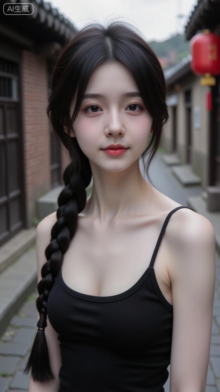 古巷里的清冷系美人
 
黑背心配长麻花辫，简约里藏着干净的气质~金环耳饰添了点精