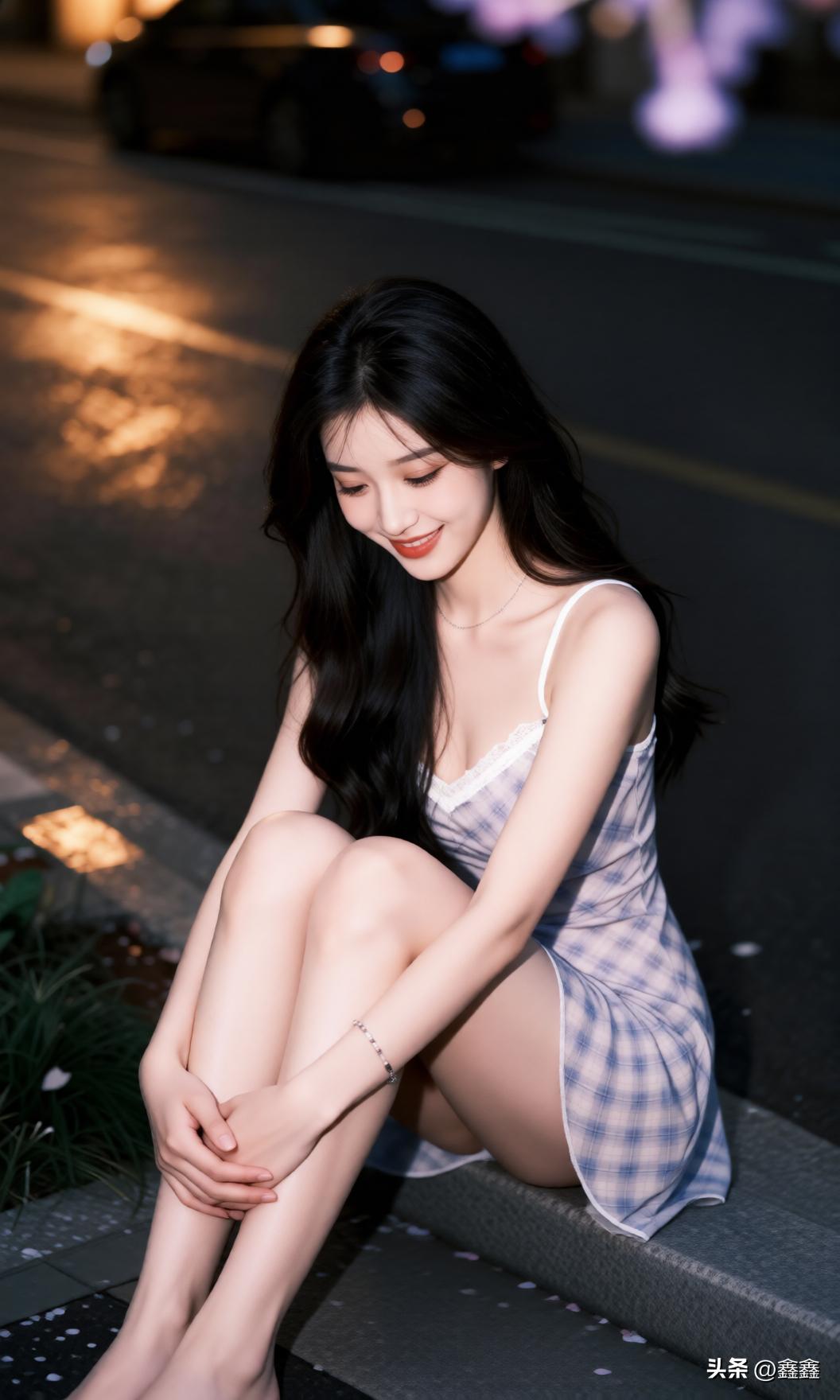 夜晚街头的甜美少女，裙摆轻扬，笑靥如花。