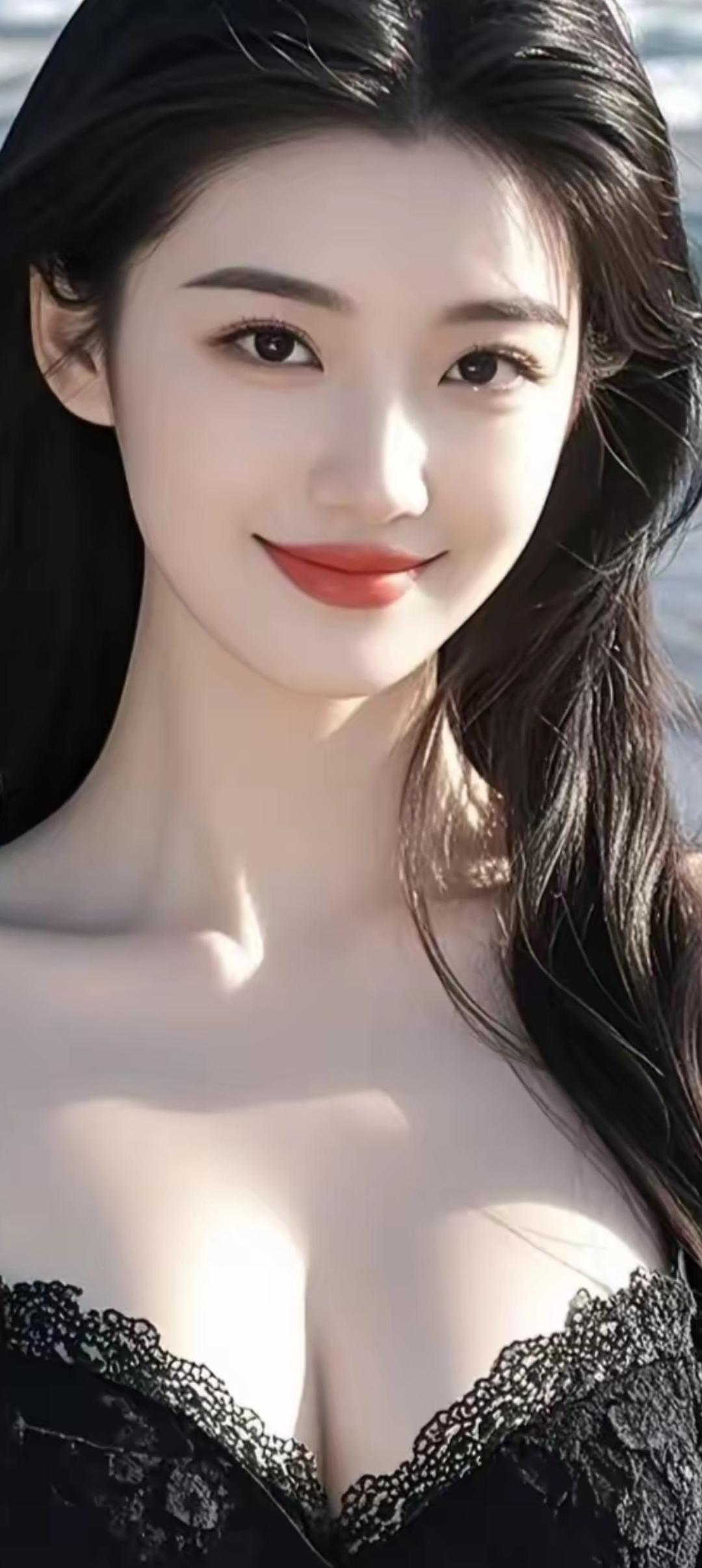 海边少女，黑发红唇，微笑动人