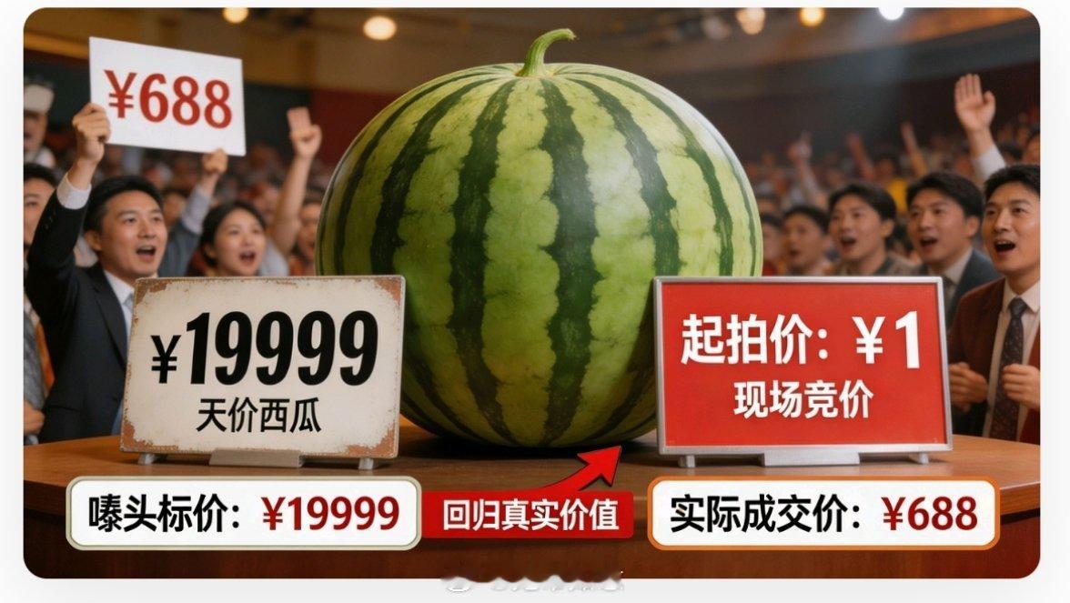 120斤西瓜瓜王拍卖仅617元成交【天价标价只是噱头，抛开炒作它本就不值高价】百