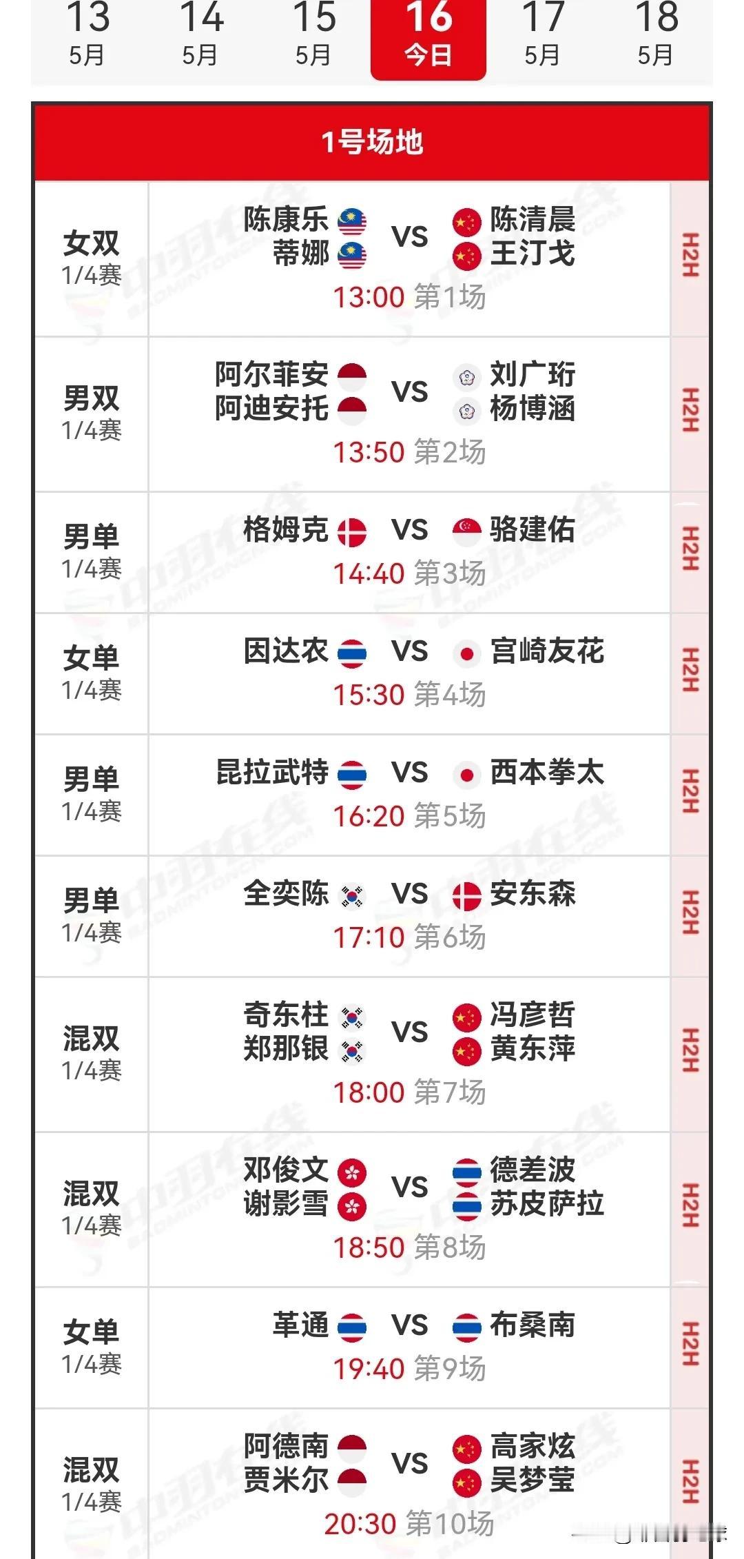 5月16日泰国羽毛球公开赛1/4决赛对阵安排

国羽昨日取得5胜4负的战绩，陈清