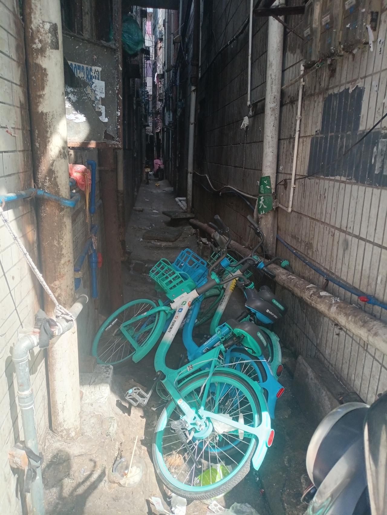 广州海珠区桥南新街城中村巷子里面，共享单车随处乱丢，扔的巷子到处都是，有些人素质