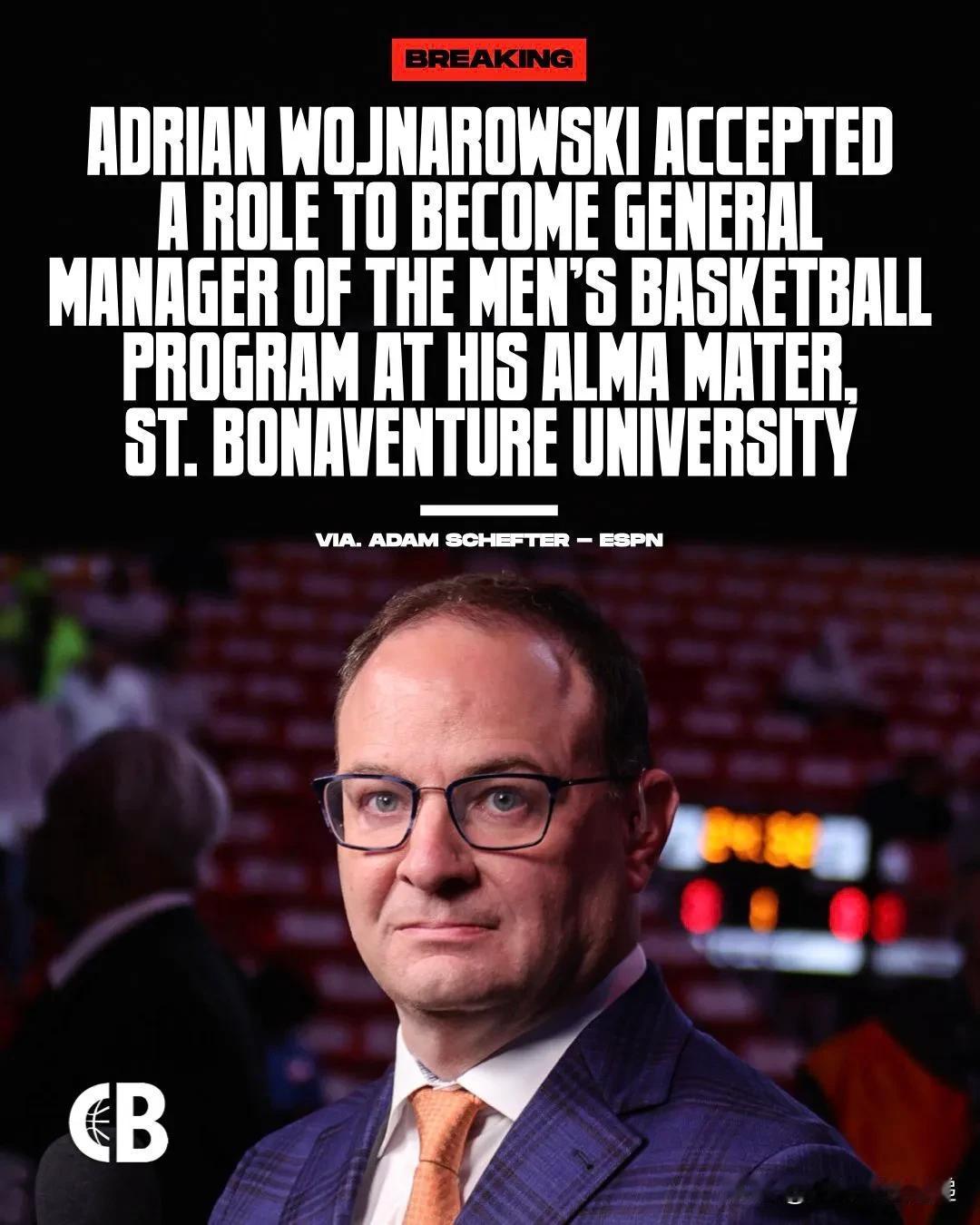 阿德里安·沃伊纳罗夫斯基宣布将离开 ESPN，并担任母校圣博纳旺蒂尔大学男子篮球