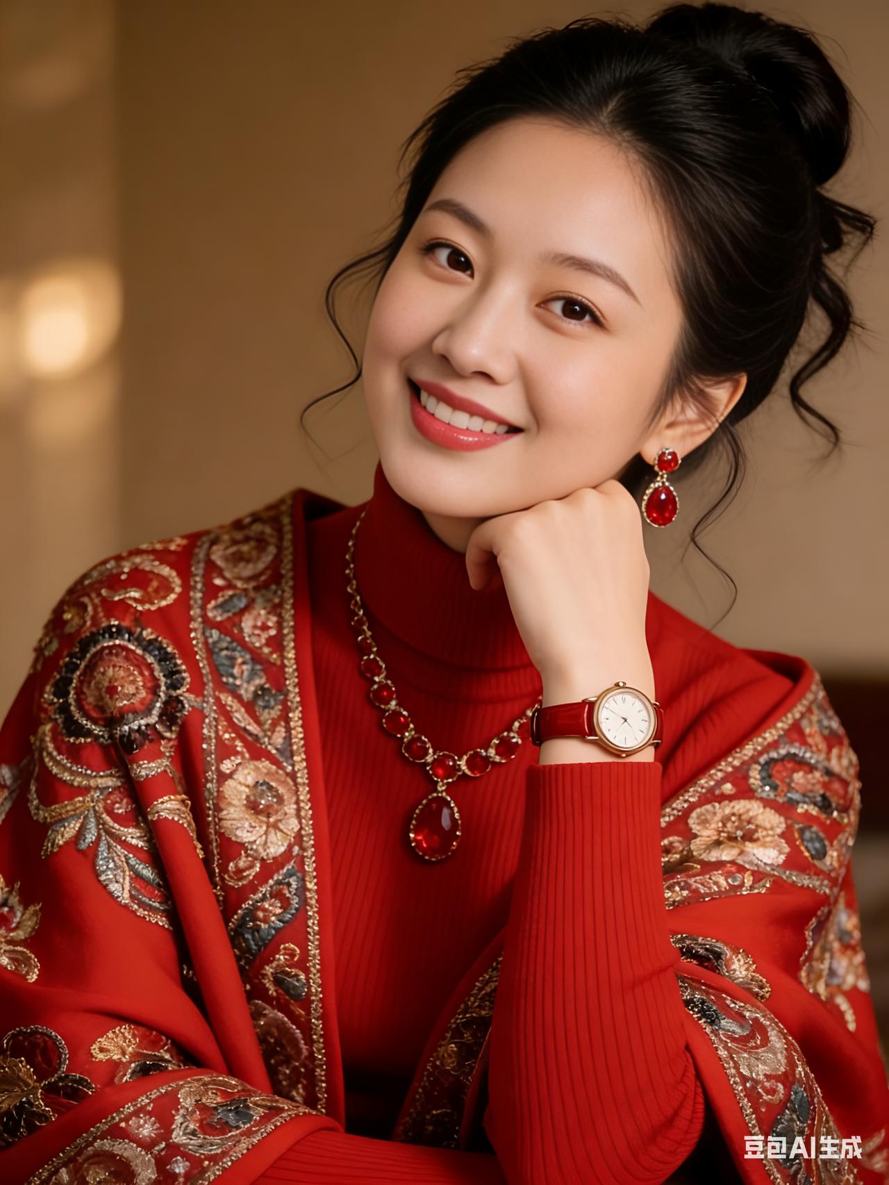 优雅红衣，微笑如花，幸福时光定格。