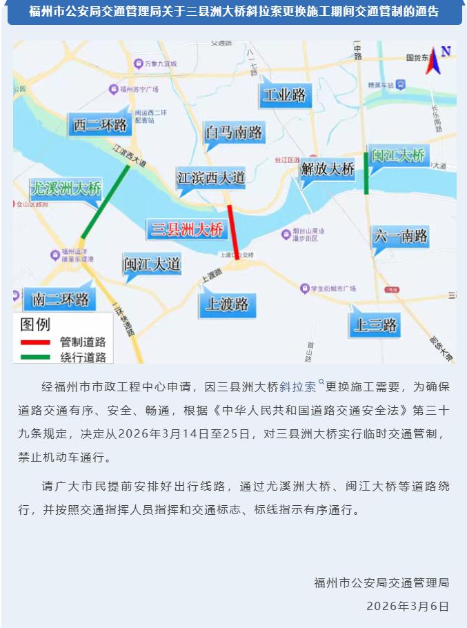 为期12天！福州三县洲大桥将实行临时交通管制，禁止机动车通行！