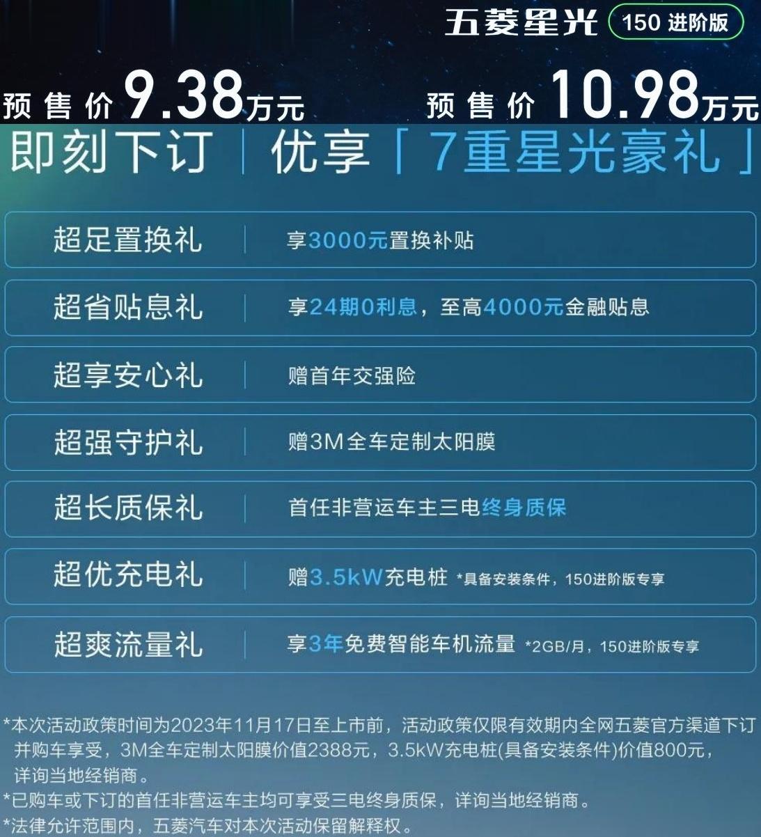2023广州车展，五菱星光正式开启预售，先期推出两款车型，预售价9.38万元（7