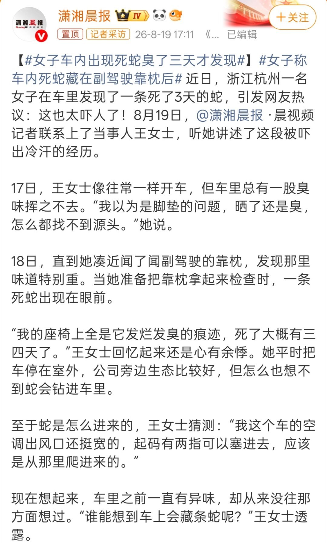 女子车内出现死蛇臭了三天才发现说实话，还好是死蛇，更多是恶心，要是活蛇的话真要被