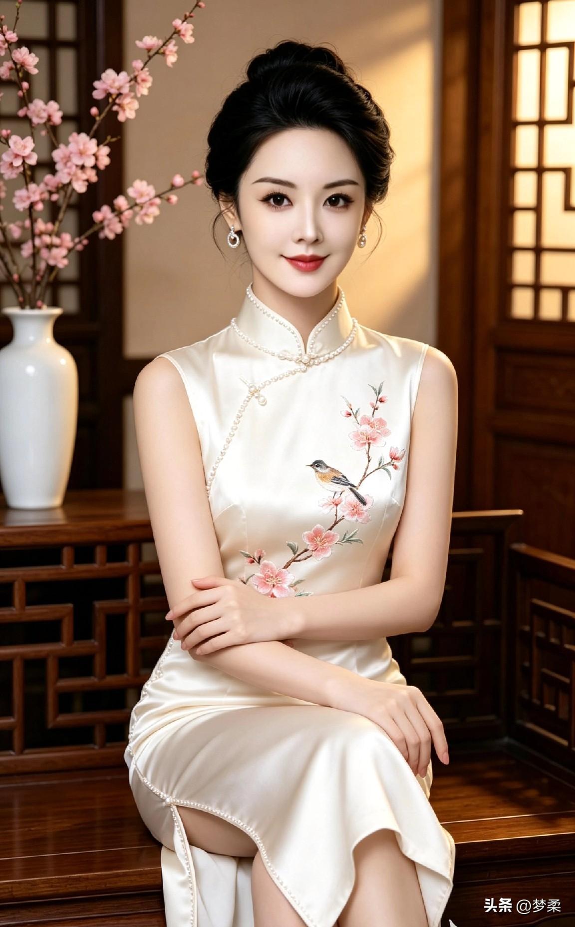 旗袍给予什么样女性美?旗袍勾勒柔和身段，沉淀温婉气韵，赋予女子含蓄雅致，独属于东