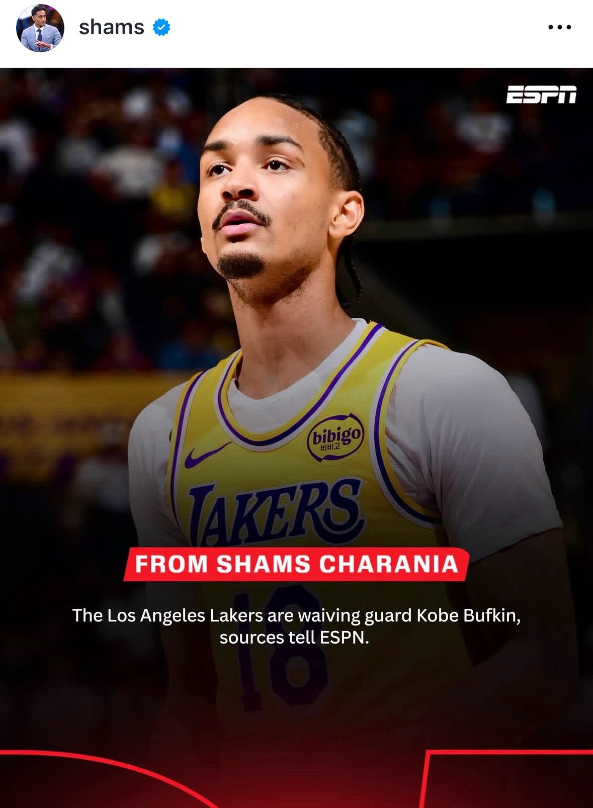 湖人裁掉巴夫金！！！！ Shams：洛杉矶湖人队将裁掉后卫科比-巴夫金。此举为湖