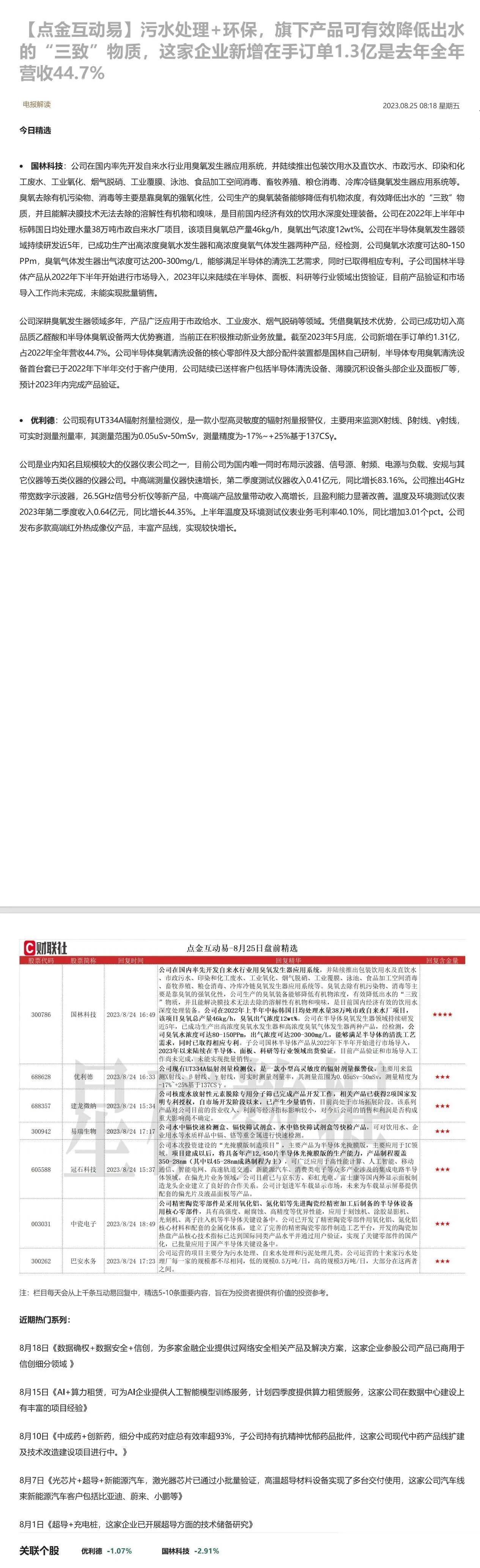 污水处理+环保，旗下产品可有效降低出水的“三致”物质，这家企业新增在手订单1.3