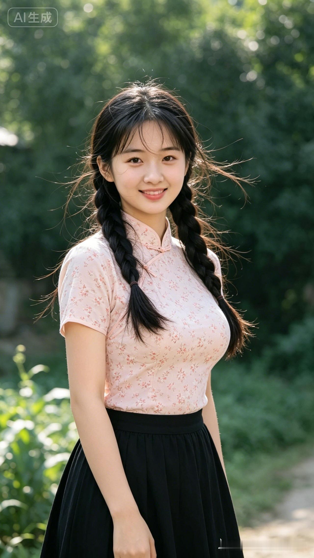 夏日清新少女，粉色碎花上衣搭配黑色长裙，阳光下的甜美笑容