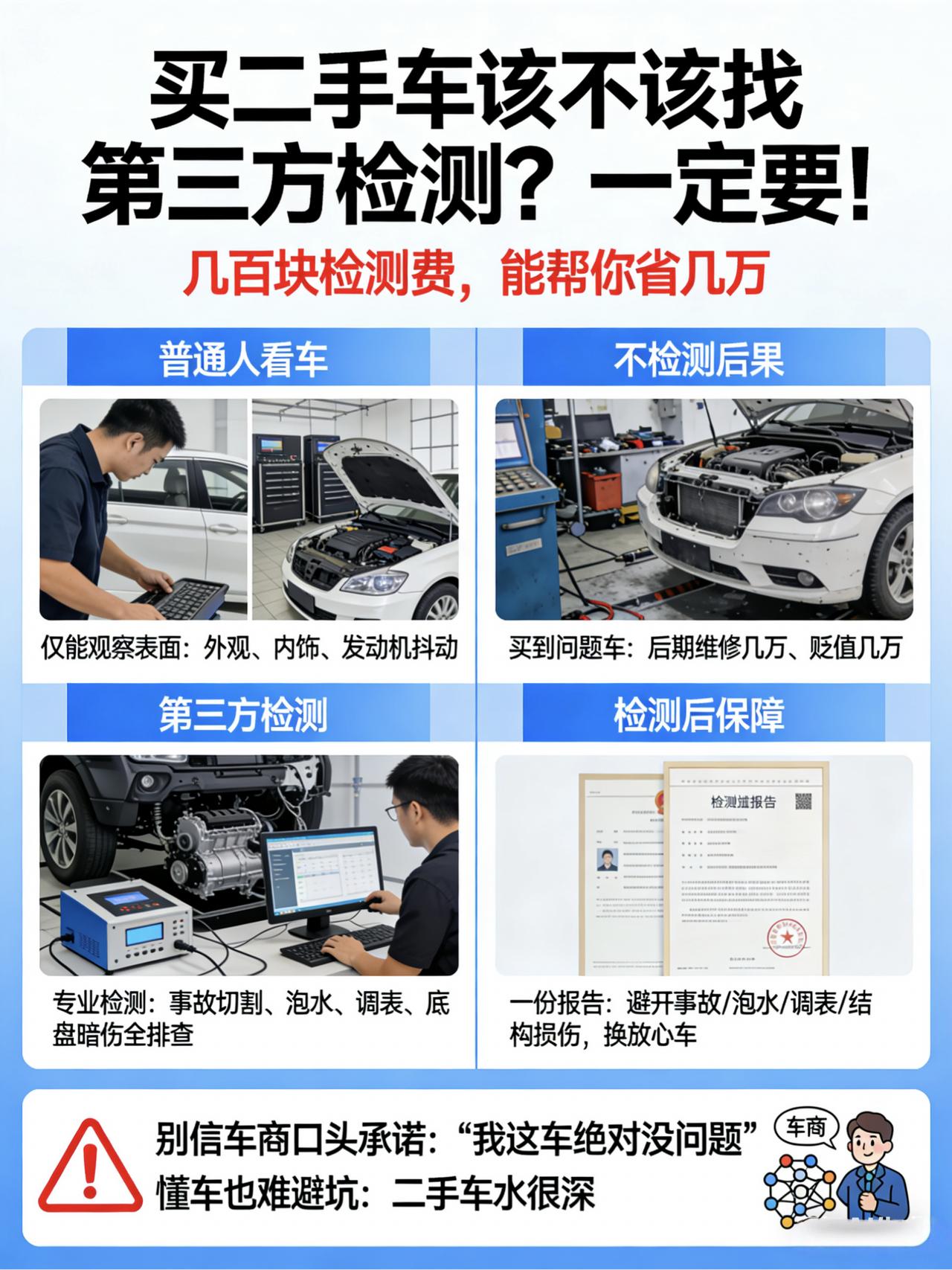 买二手车该不该找第三方检测？一定要！
我一直劝身边人：买二手车，第三方检测一定要