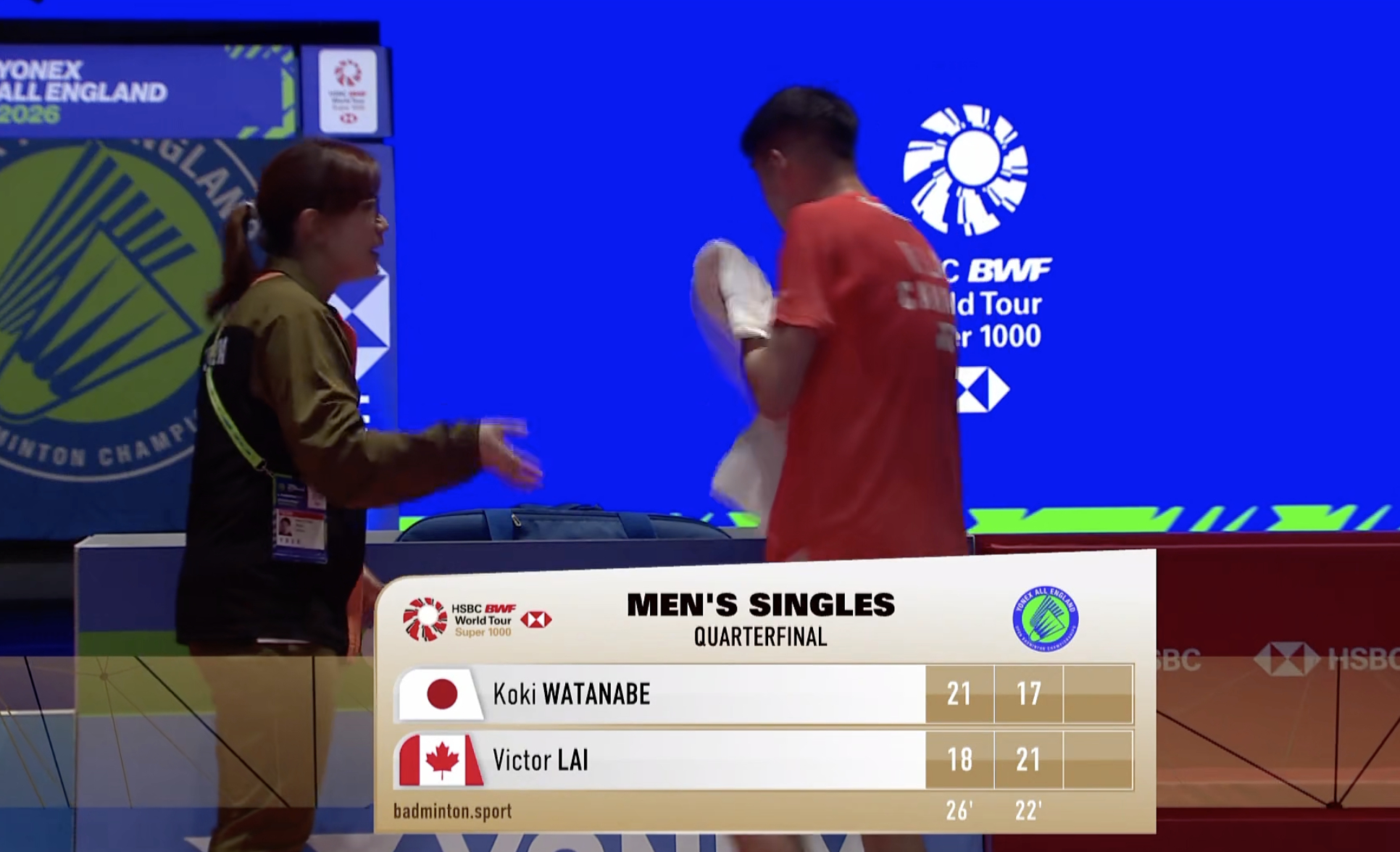 渡边航贵🇯🇵 21-18、17-21 🇨🇦赖浩俊决胜局！2026全英羽毛