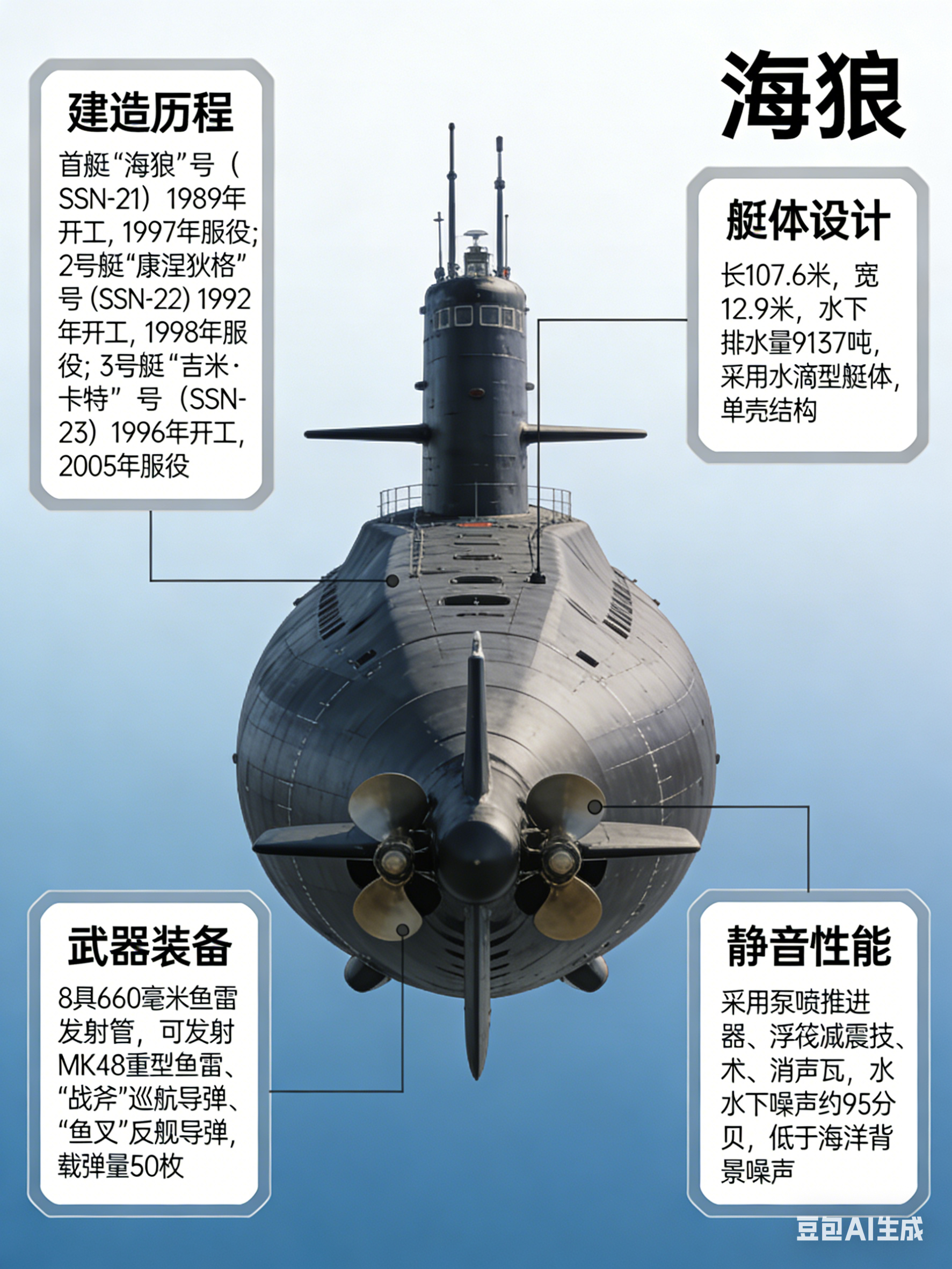 军事ai新视野 美国“海狼”级攻击型核潜艇“海狼”（Seawolf）级是美国研制