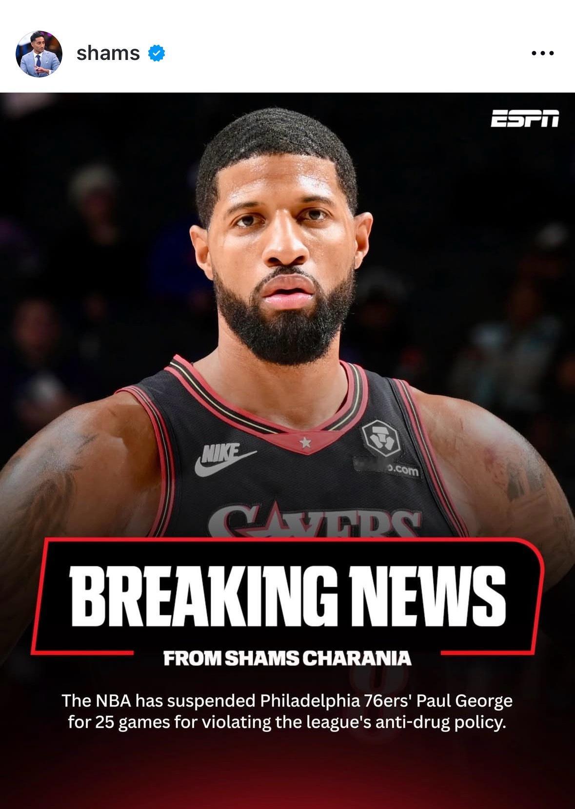 Shams：保罗-乔治被禁赛25场！因违反联盟禁药条例。 