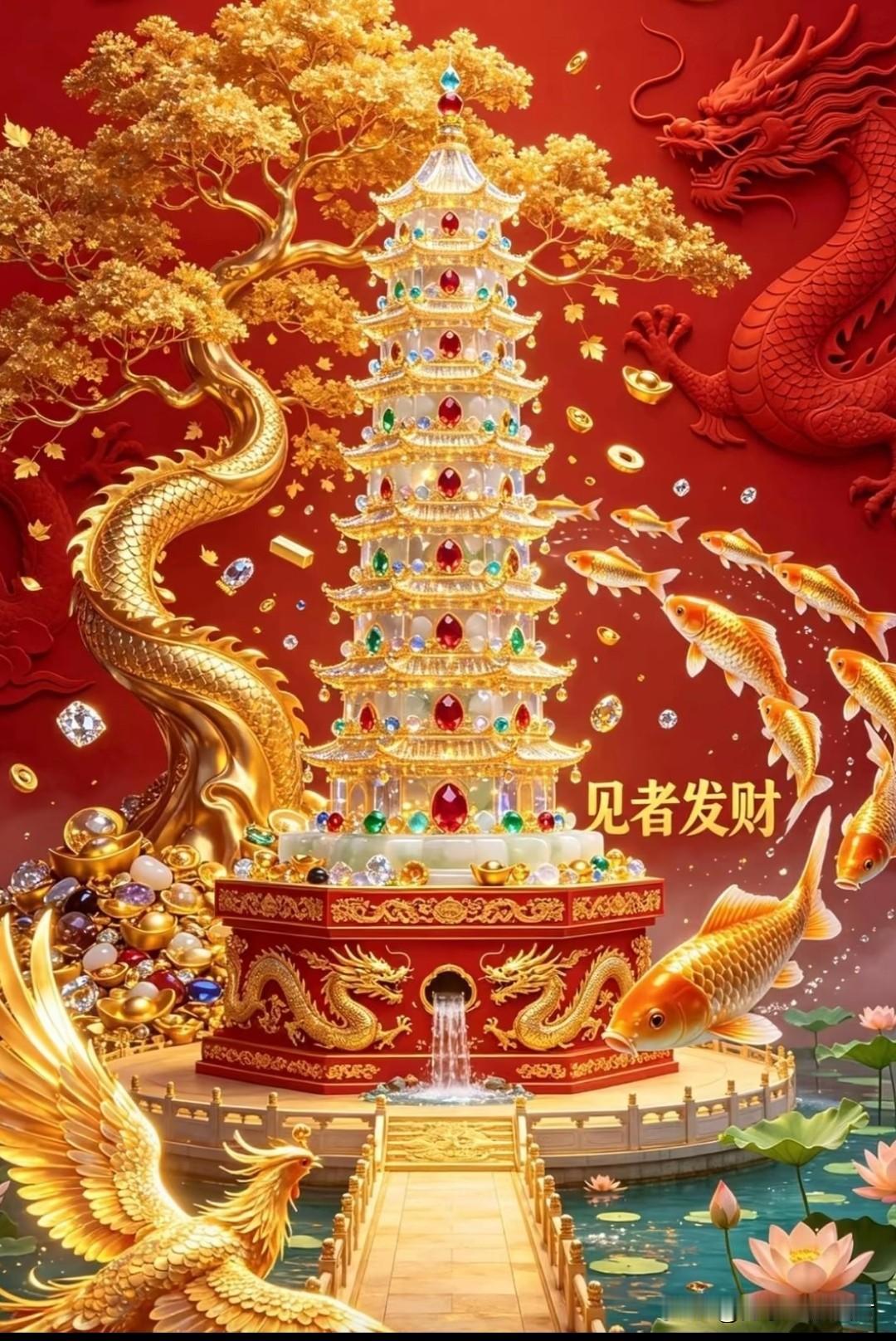金塔聚福财源广，
龙凤呈祥富贵来。