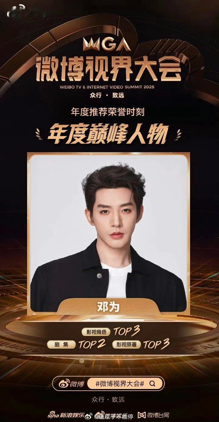 邓为获得微博视界大会年度最峰人物！ 影视角色TOP3！剧集TOP2！影视原著TO