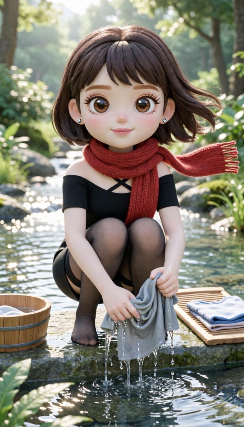 在森林中的温泉边，可爱的女孩正在清洗衣物，享受宁静的时光。
