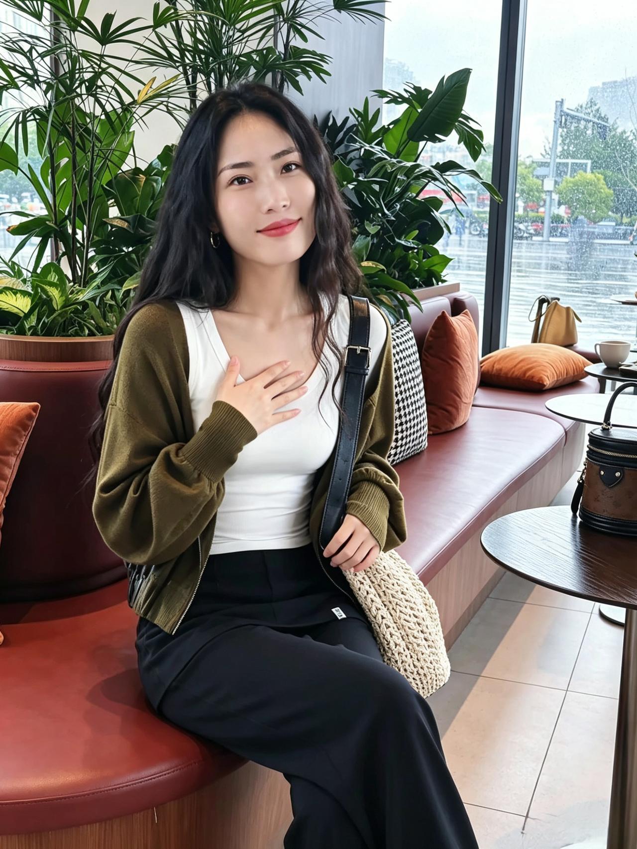 橄榄轻衫衬雪肌，乌云垂落映清辉。
嫣然一笑春风软，仪态天然自淑姿。
闲坐浅含林下