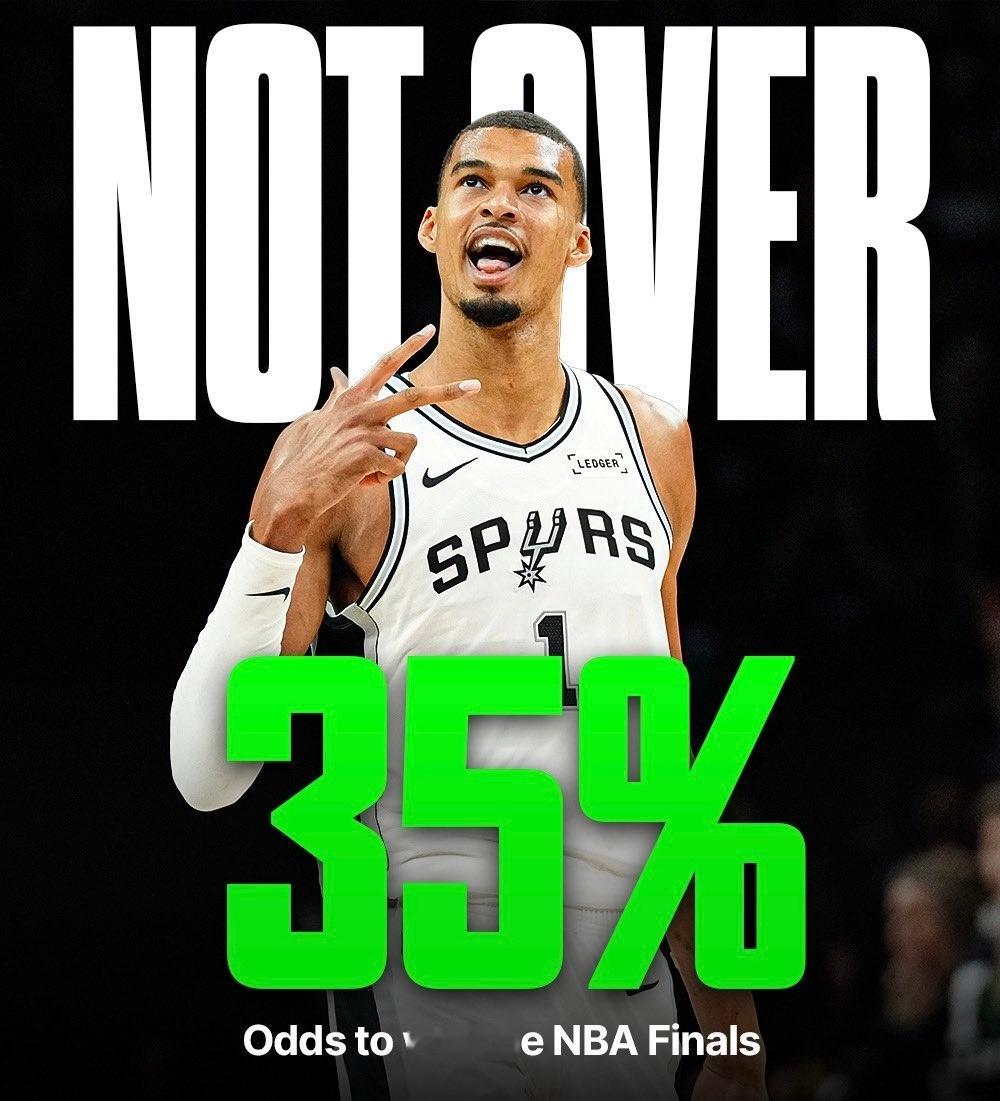 今天赢球后，1-2落后的马刺夺冠概率上升到35%。马刺vs尼克斯NBA