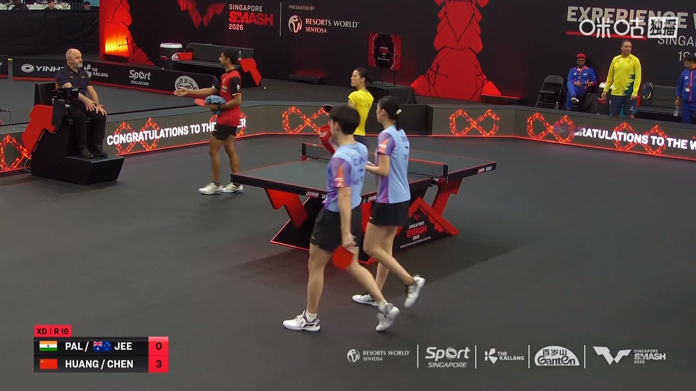 黄友政/陈熠3比0帕尔/池旼亨(11-6，11-2，11-4)晋级WTT新加坡大