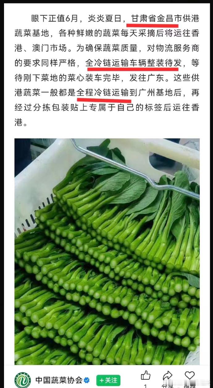 供港的蔬菜，不蘸甲醛，不含农药，冷链运输。我吃菜一般都是让在港的朋友代购寄给我。