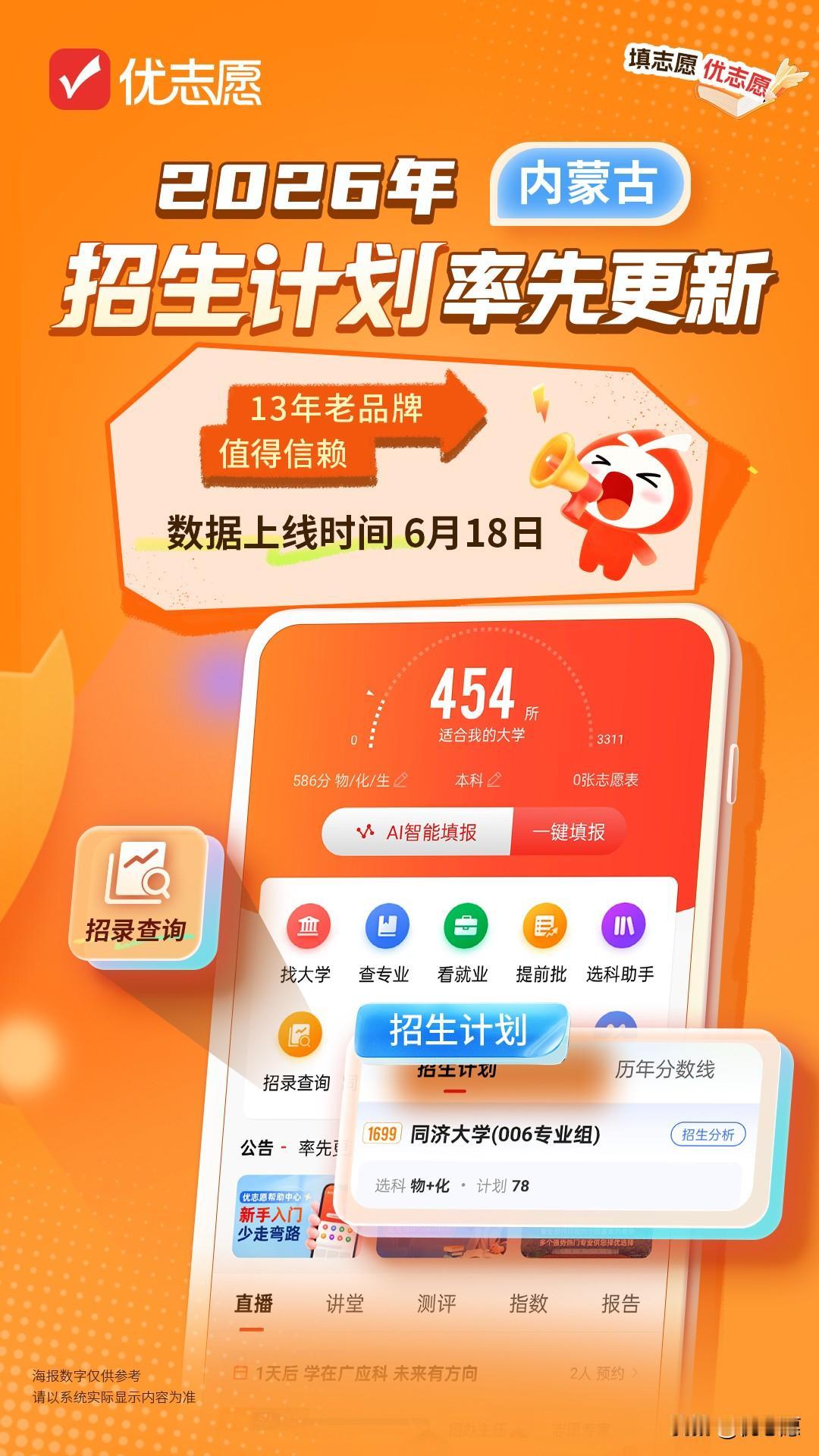 优志愿2026年招生计划已更新5个省份 ：【上海本科普通批】、【内蒙古本专普通批