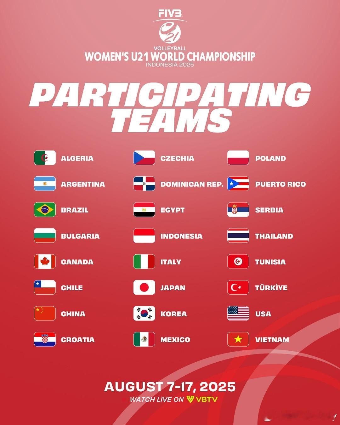 2025U21女排印尼世锦赛中国女排赛程8月7日11:00 中国🇨🇳vs克罗