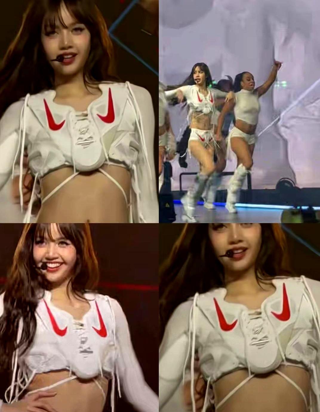 把鞋子穿在胸口上，这是我今年见过最离谱的代言，Lisa是真敢啊。
 
你去看她的