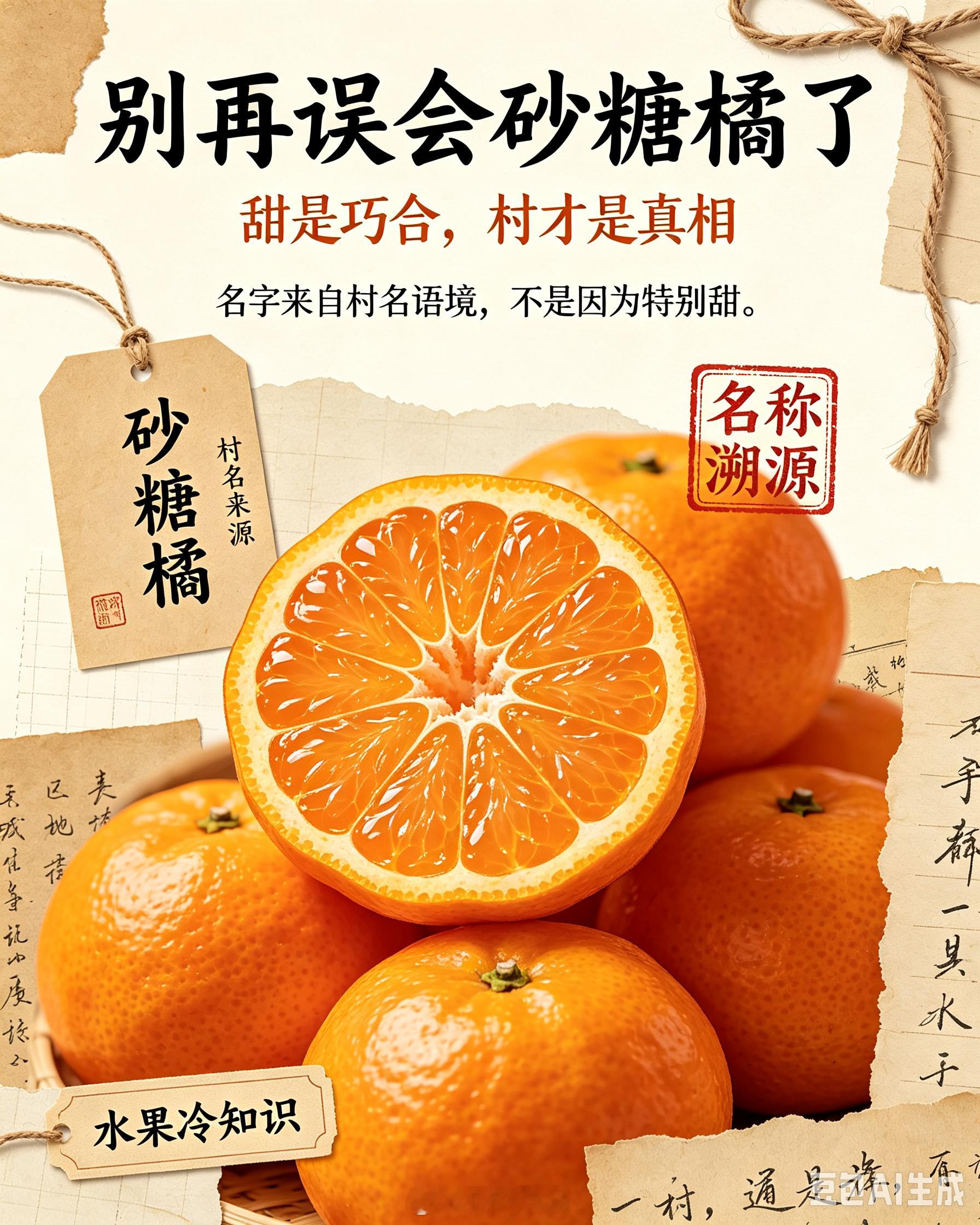 砂糖橘得名不是因为它甜如砂糖，而是因为它的原产地在广东四会市黄田镇砂糖村。名字来