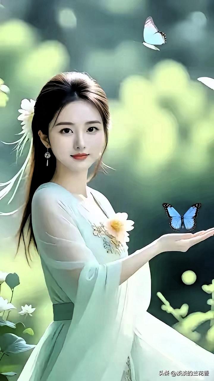 仙气飘飘的蓝衣少女，与蝴蝶共舞在花海中。