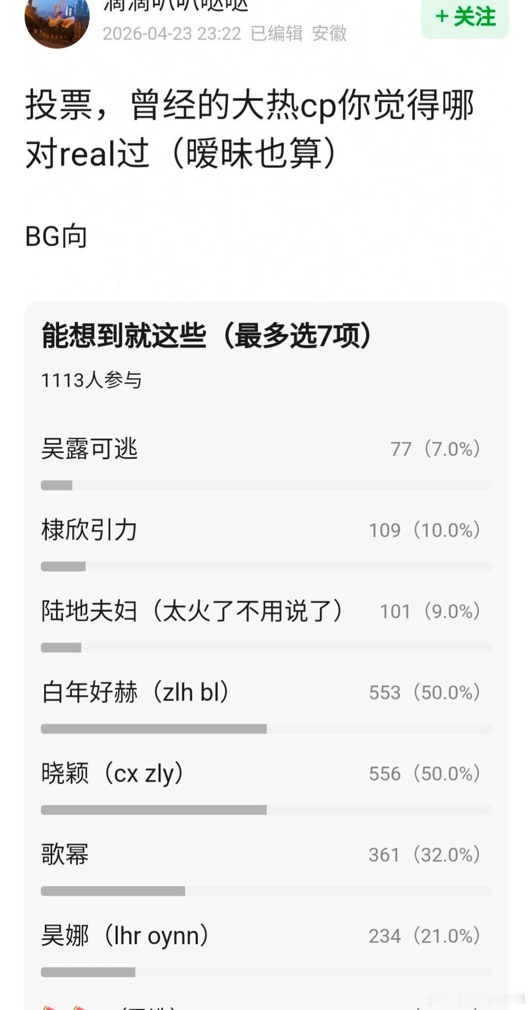 网友选出的大热CP：吴露可逃、棣欣引力、陆地夫妇、白年好赫、晓颖、歌幂、昊娜 你
