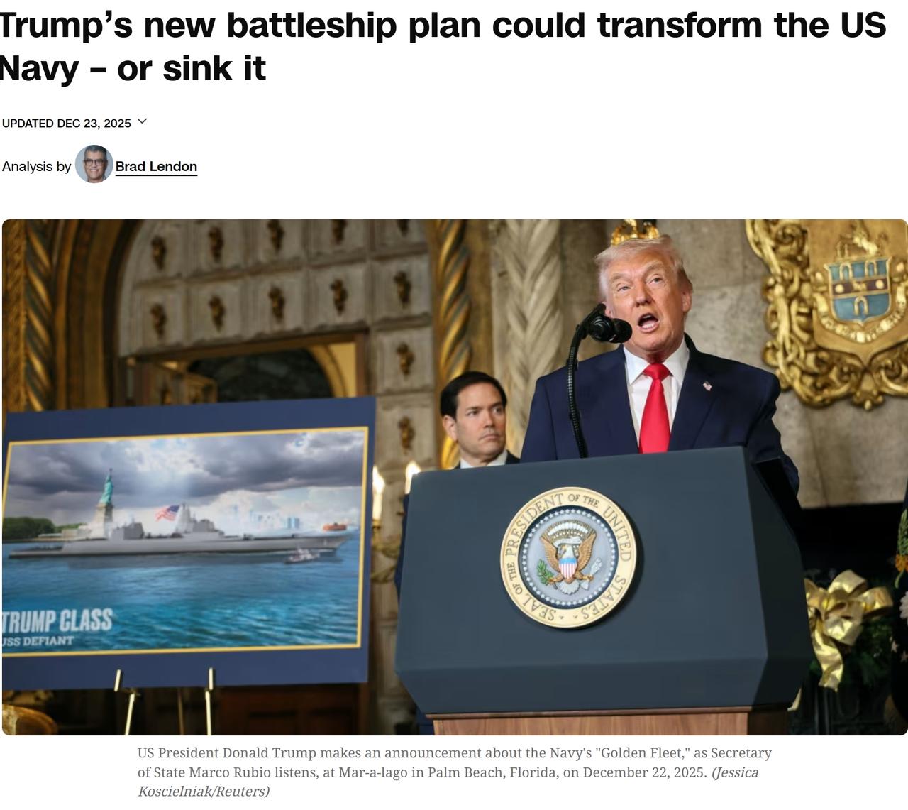 特朗普亲自参与设计的“特朗普级”黄金舰队遭CNN泼冷水：困难重重
特朗普宣布美军