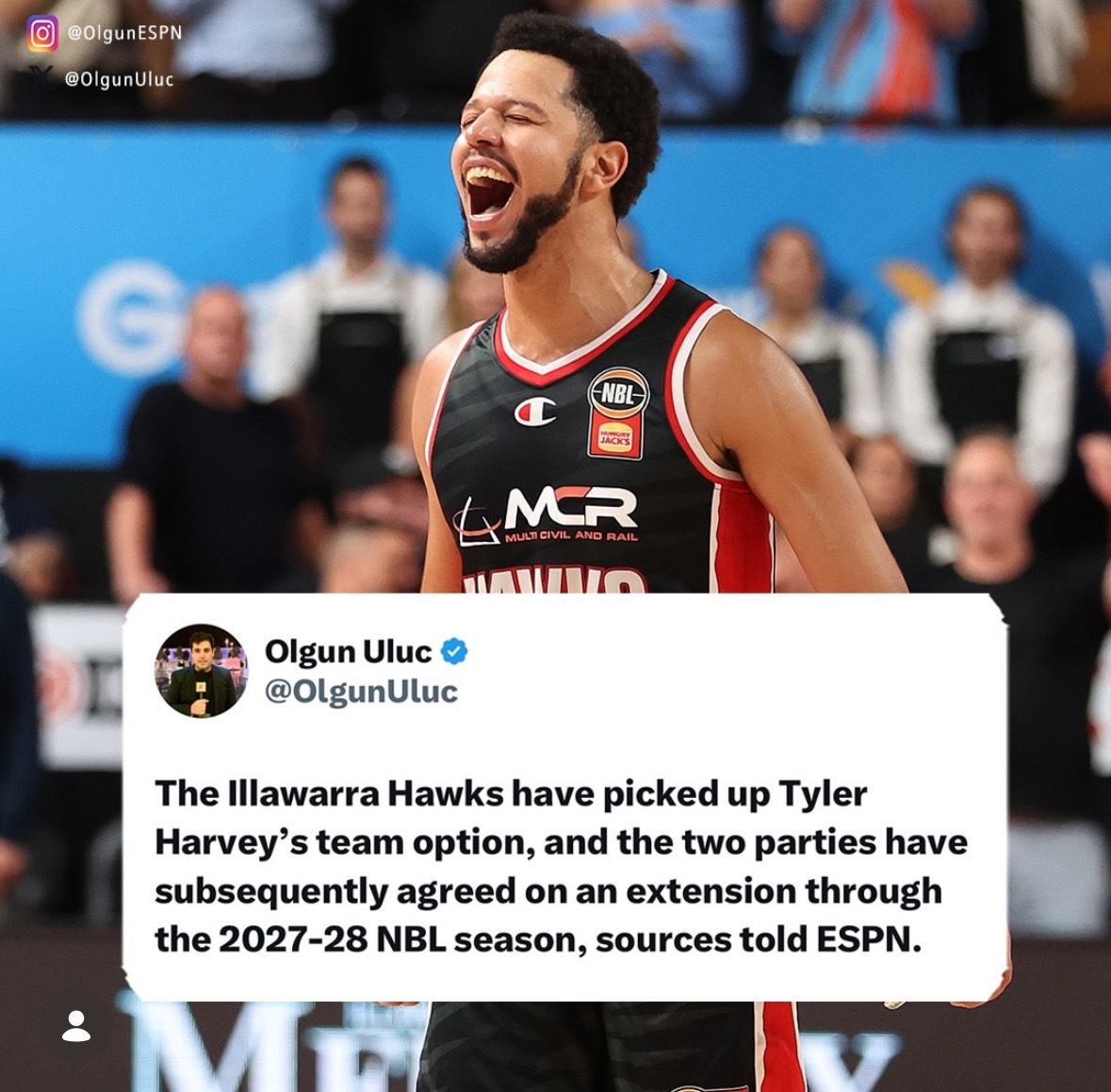 ESPN记者Olgun Uluc报道NBL伊拉瓦拉老鹰队已执行泰勒·哈维的球队选