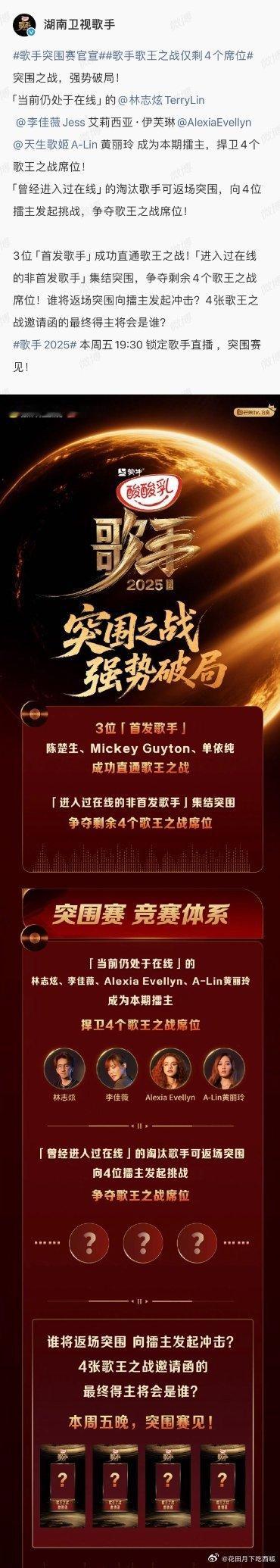 歌手突围赛预测名单这周歌手突围赛，林志炫、李佳薇会来守擂，接一个进决赛[努力]林