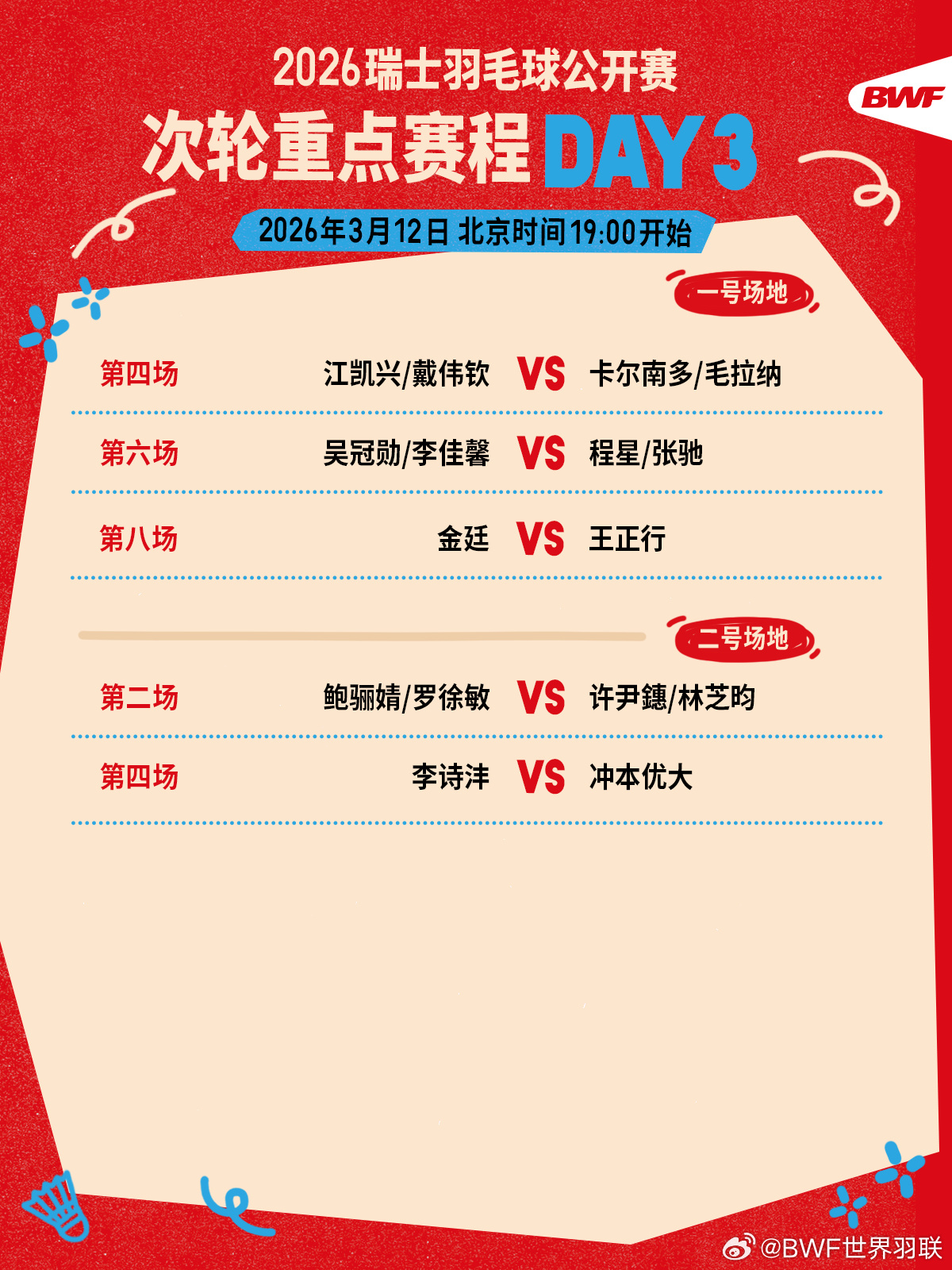 #瑞士赛12日国羽赛程# 【1号场】第6场：程星/张驰 vs 吴冠勋/李佳馨第8