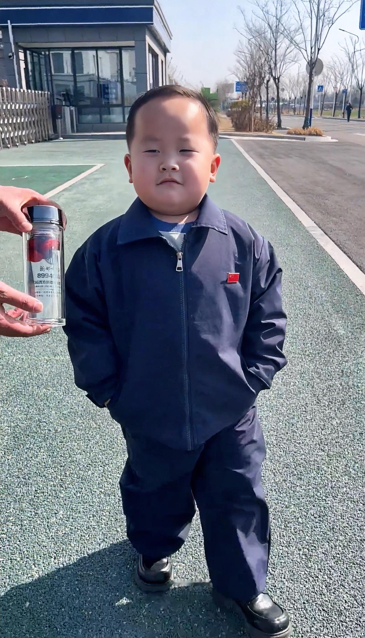 网友分享自家孩子出场就带流量，从长相到着装一股局里局气的味道。

小家伙叫一宝每